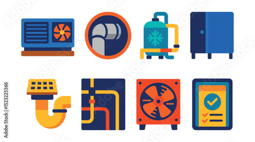 Flat vector icons of commercial HVAC and plumbing: rooftop AC unit, air duct pipe badge, chilled water system icon, commercial restroom stall, floor drain trap, suspended ceiling piping, industrial