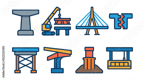 Flat vector icons of bridge and overpass construction: concrete bridge pier, steel girder placement, cable-stayed bridge model, expansion joint component, bridge deck forming, cantilever bridge