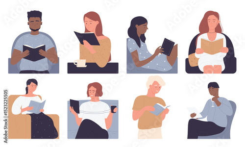People read vector illustration set. Cartoon man woman characters sitting at table or in home armchairs, holding glass wine or coffee cup, reading books from library or bookstore isolated on white