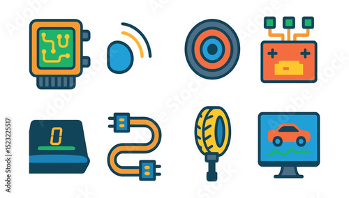 Flat vector icons of automotive electronics and sensors: ECU circuit board, parking sensor icon, rearview camera lens, battery management system, head-up display unit, electric wiring harness, tire