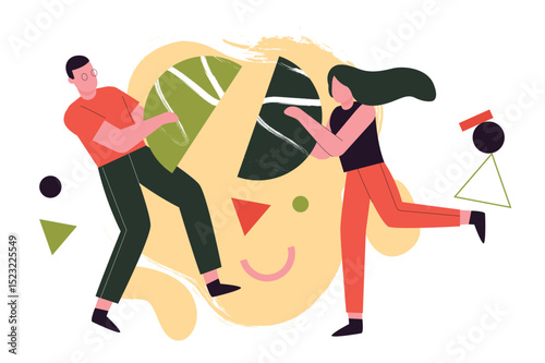 People collect puzzle vector illustration. Cartoon parents characters holding colorful pieces in hands, collecting geometric puzzle with abstract kid face, parental partnership and parenting concept