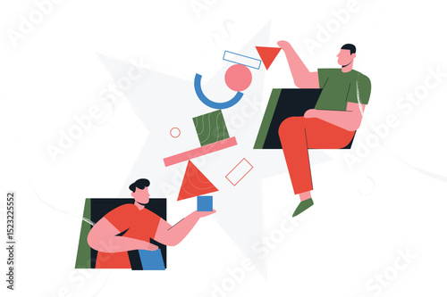 People team collect puzzle vector illustration. Cartoon man characters carry and arrange puzzle together, holding pieces of different geometric shape, success collaboration teamwork concept background