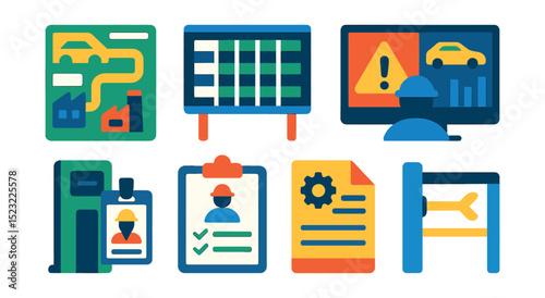 Flat vector icons of automotive plant operations: plant layout map, shift schedule board, safety training station, production dashboard screen, worker badge scanner, floor supervisor clipboard,