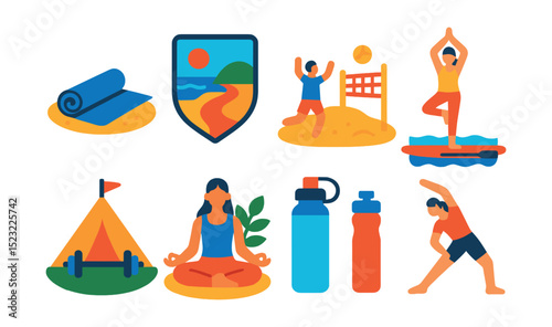 Flat vector icons of beach fitness and wellness: yoga mat on sand, jogging trail badge, beach volleyball game, stand-up paddle yoga, fitness bootcamp tent, meditation spot, hydration bottle,