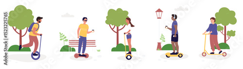 Eco city transportation activity vector illustration set. Cartoon active woman man character riding electric eco friendly transport in public park, scooter, hoverboard or gyroscooter isolated on white