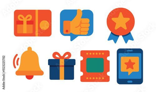 Flat vector icons of instant and spot rewards: instant reward gift card, spontaneous thank you icon, manager’s reward coin, recognition badge sticker, real-time appreciation bell, small prize box,