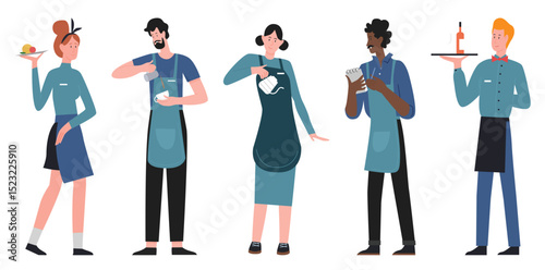 People waiter and waitress vector illustration set. Cartoon restaurant team of staff character, catering service collection, man woman standing, holding tray with order food or drink isolated on white