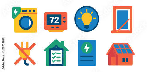 Flat vector icons of energy conservation at home: energy-efficient appliance icon, programmable thermostat, LED lightbulb badge, insulated window frame, unplug electronics symbol, green energy home