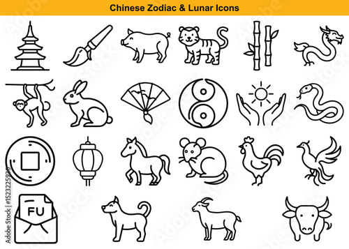 Chinese Zodiac Animals and Lunar New Year Symbols Line Art Icons Set