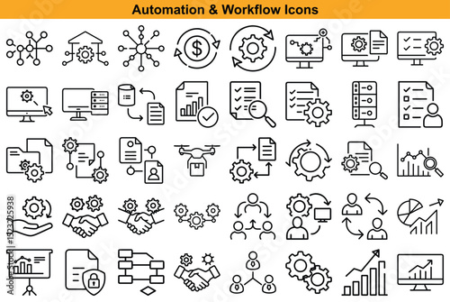 Collection of Automation and Workflow Line Icons Depicting Processes, Management, and Technology