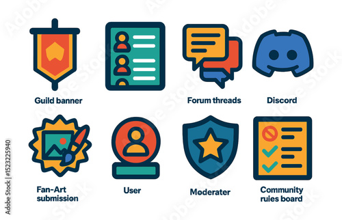 Flat vector icons of gaming communities and forums: guild banner icon, clan roster list, player forum threads, team discord server, fan art submission badge, user tag profile, moderator star shield,