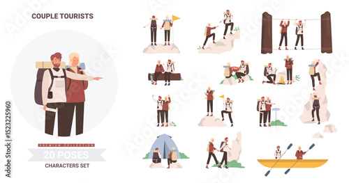 People tourists poses vector illustration set. Cartoon man woman couple travelers hiking, camping, kayaking and climbing, young camper characters enjoy tourism adventures together isolated on white