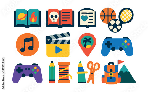 Flat vector icons of leisure activity and hobby choices: book genre icons, sport equipment selection, music playlist badge, movie category selector, travel destination pin, game controller options,