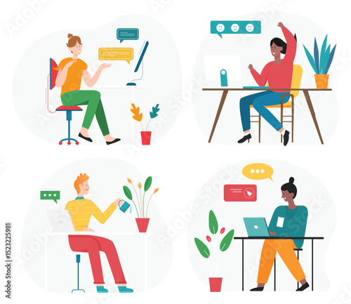 People office workers sitting at table vector illustration set. Cartoon employee characters working online with computer or laptop on workplace desk, communicating in office interior isolated on white