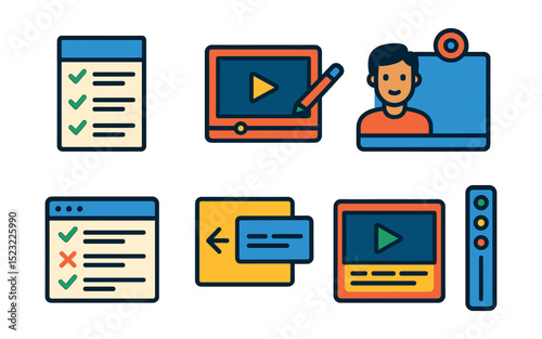 Flat vector icons of educational content creation: lesson plan template, e-learning video player, digital whiteboard icon, teacher with webcam, quiz module editor, interactive slide deck, captioned