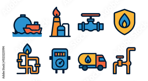 Flat vector icons of natural gas import and distribution: import terminal icon, regasification unit, pipeline entry valve, distribution hub badge, city gas network, meter reading device, delivery