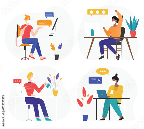 Online business work and communication vector illustration set. Cartoon manager people in face medical masks sitting at table, working, chatting, communicating with colleagues online isolated on white