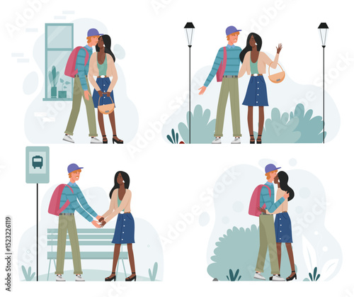 Happy romantic couple walking together on date vector illustration set. Cartoon young man woman characters dating, lovers meet kiss greet or say goodbye. Romance relationship love isolated on white