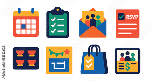 Flat vector icons of family holiday planning: event calendar icon, checklist clipboard, invitation envelope, RSVP card, meal plan chart, decoration plan layout, shopping list bag, family budget