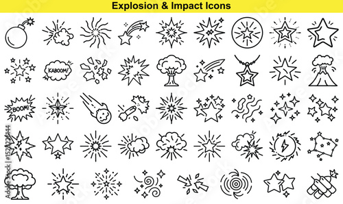 Collection of Impact and Explosion Line Art Icons Bomb, Blast, Stars, and More