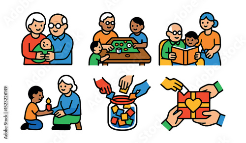 Flat vector icons of intergenerational celebrations: grandparents holding baby icon, family game night table, story sharing armchair, group cooking session, teaching tradition moment, photo album