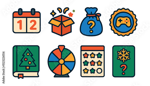 Flat vector icons of holiday countdown activities: number calendar blocks, daily surprise box, wrapped mystery bag, mini games badge, story-a-day book, activity spinner wheel, festive sticker chart,