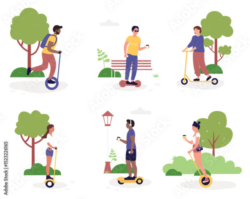 Eco city transportation activity vector illustration set. Cartoon active woman man character riding electric eco friendly transport in public park, scooter, hoverboard or gyroscooter isolated on white