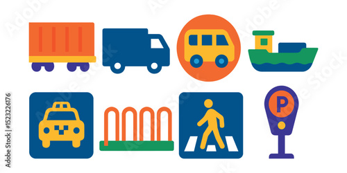 Flat vector icons of port transportation connections: rail freight car icon, cargo truck silhouette, shuttle bus badge, inland waterway barge, taxi stand, bicycle rack, pedestrian crossing, parking