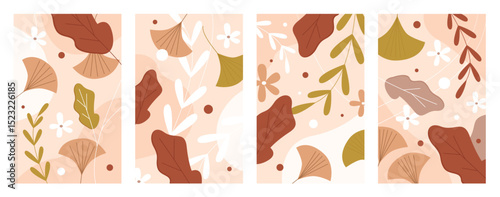 Autumn leaves a4 template pattern vector illustration set. Abstract brown falling oak, acacia autumnal tree leaf, flowers seed dots fall season collection, floral simple design for seasonal background