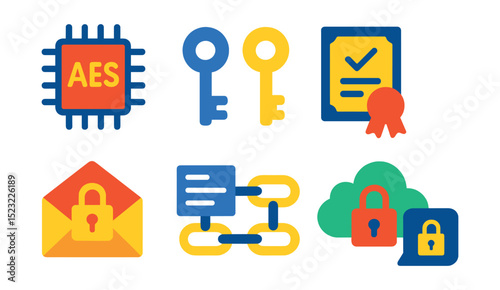 Flat vector icons of encryption technology: AES encryption chip, public and private key pair, digital certificate badge, secure tunnel icon, encrypted email symbol, blockchain data chain, end-to-end