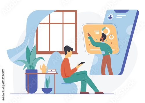 Online webinar lesson, education vector illustration. Cartoon student character studying at home, watching seminar lecture with teacher talking from phone screen, internet web course isolated on white