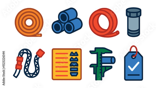 Flat vector icons of pipe materials and standards: copper pipe coil icon, PVC pipe stack, PEX tubing roll, galvanized pipe with cap, flexible braided hose, pipe thread standard chart, pipe sizing
