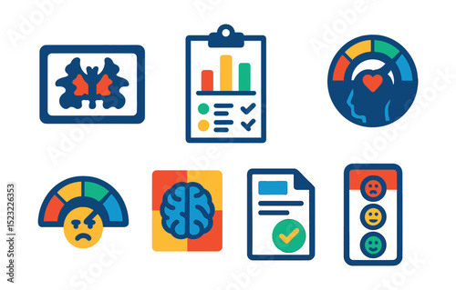 Flat vector icons of psychological tests and assessments: inkblot card icon, personality profile chart, multiple choice clipboard, emotional intelligence meter, anxiety level gauge, cognitive scale,