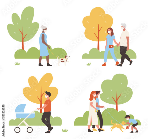 People walk in city park vector illustration set. Cartoon active family characters walking together, playing with dog pet, wearing face medical protective mask, weekend activity isolated on white