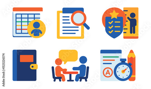 Flat vector icons of preschool assessment and progress: developmental milestone chart, observation notes icon, skill checklist badge, growth chart, portfolio binder, parent-teacher conference,