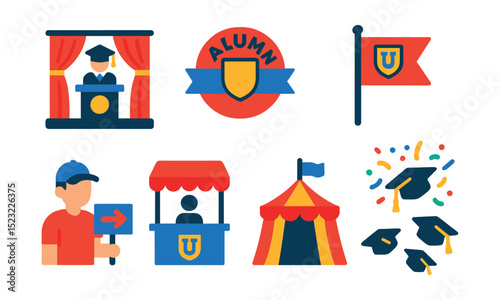 Flat vector icons of university events and traditions: convocation ceremony stage, alumni reunion badge, student orientation flag, graduation celebration confetti, campus tour guide, open day booth,