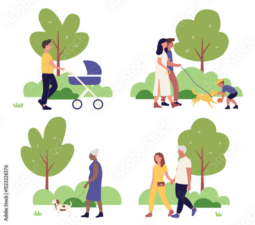 People walking in city park together vector illustration set. Cartoon cityscape summer park scenes collection, happy family characters walk and play with dog, father with stroller isolated on white