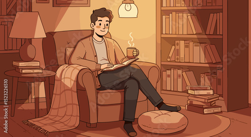 Young man relaxing with a book and coffee in a cozy armchair  