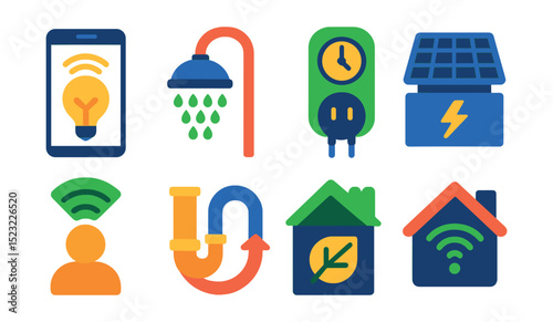 Flat vector icons of smart green home features: app-controlled lighting, water-saving showerhead, smart plug with timer, solar battery storage unit, occupancy sensor icon, greywater reuse loop, green
