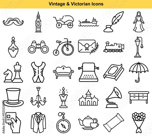 Collection of Vintage Victorian Line Art Icons Featuring Transportation, Fashion, and Furniture