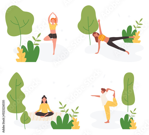 People do yoga activity in summer park vector illustration set. Cartoon active man woman yogist sitting in lotus yoga pose, stretching in yoga sports exercises in nature of city park isolated on white