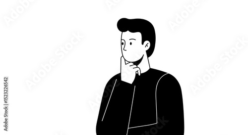 Young man thinking with hand on chin in minimalist black and white  