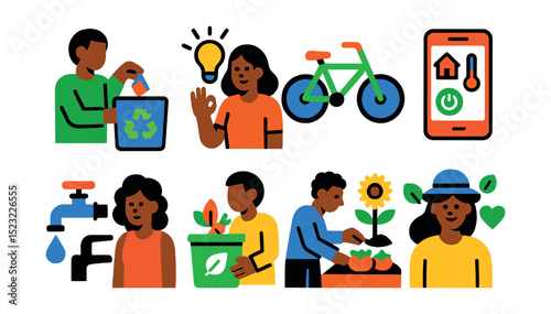 Flat vector icons of eco-conscious building occupants: recycling station icon, energy-saving habits badge, green commuting bike, smart home controls, water-saving tips card, composting bin use,