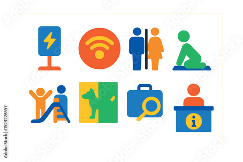 Flat vector icons of airport passenger amenities: charging station icon, Wi-Fi hotspot badge, restroom sign, prayer room, kids play area, pet relief zone, lost and found, information desk.