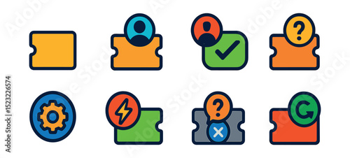 Flat vector icons of support ticket statuses: new ticket icon, in-progress badge, waiting customer, escalated issue, resolved case, feedback pending, closed ticket, reopened case.