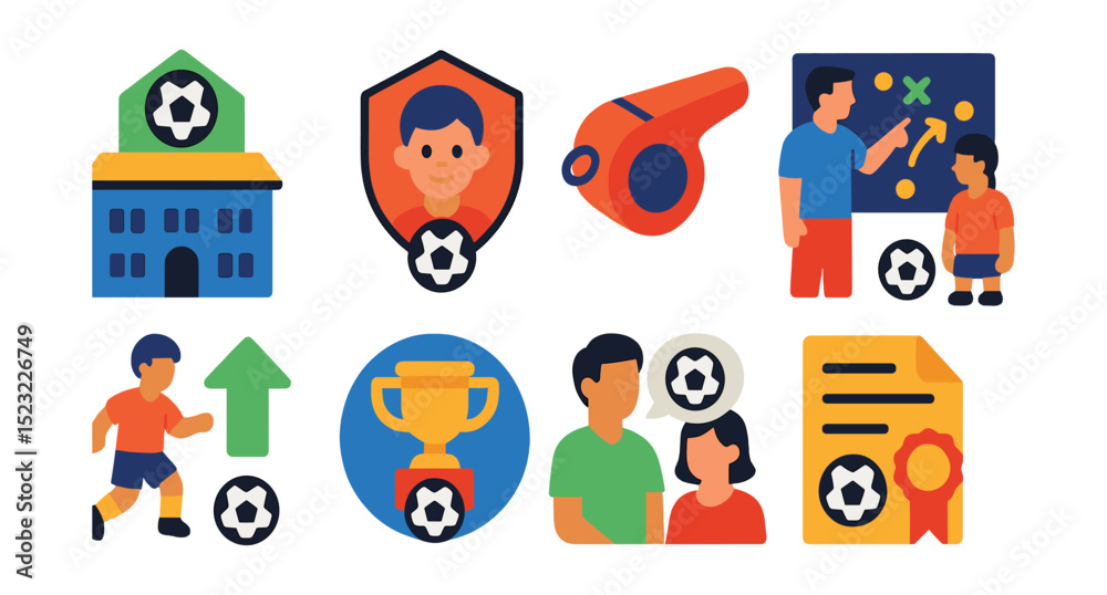 Flat vector icons of football youth academy: academy building icon, young player badge, coaching whistle, training session, skill development, youth tournament, parent meeting, scholarship award. Flat vector icons of football youth academy: academy building icon, young player badge, coaching whistle, training session, skill development, youth tournament, parent meeting, scholarship award.