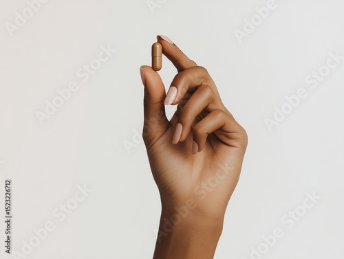 A close-up of a well-groomed, feminine hand with a natural beige manicure holding a brown herbal supplement 
