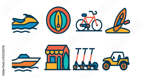 Flat vector icons of beach transportation rentals: jet ski rental icon, paddleboard hire badge, bicycle rental stand, kayak on shore, motorboat rental, surfboard rental shop, electric scooter dock,