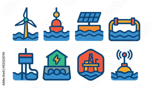 Flat vector icons of offshore and marine energy: offshore wind turbine icon, wave energy buoy, floating solar platform, subsea cable route, ocean thermal generator, tidal barrage station, energy rig