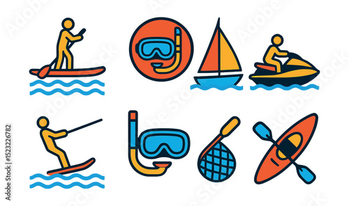 Flat vector icons of water sports and leisure: paddleboarding icon, scuba diving badge, sailing boat, jet ski, water skiing, snorkeling gear, fishing net, beach kayak.